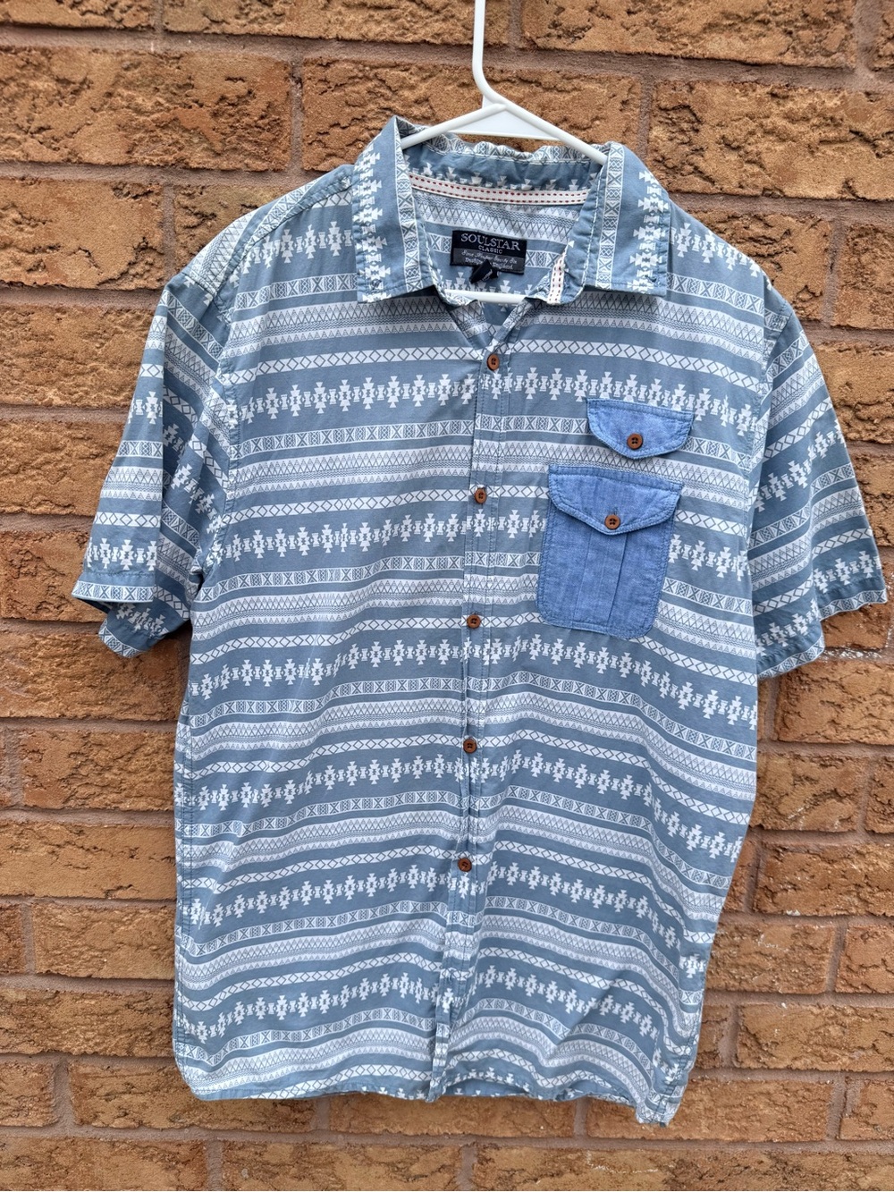 4/$25 • Soulstar Classic Blue Printed Pocket Detail Button Down Shirt